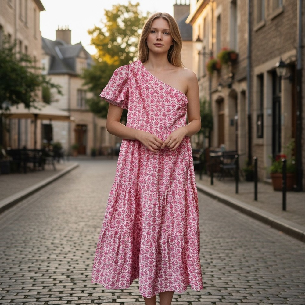 Hyacinth House Pink Block Print One Shoulder Tiered Midi Dress MM212D XS